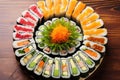 a sushi roll cut into pieces displayed in a circular pattern Royalty Free Stock Photo