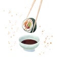 Sushi roll dipping into the soy sauce, eating sushi