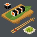 Sushi roll with fish, chopsticks, wasabi in bowl, wood board.