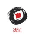 Sushi roll grunge freehand logo for restaurant or cafe. Japanese traditional cuisine isolated on white background, food