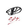 Sushi roll grunge freehand logo for restaurant or cafe. Japanese traditional cuisine isolated on white background, food