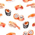 Sushi, roll, gunkan seamless sea food pattern. Watercolor Royalty Free Stock Photo