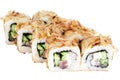 Sushi roll japanese food isolated on white background sushi roll in cod shavings with tuna and cucumber close-up Royalty Free Stock Photo