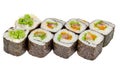 Sushi roll japanese food isolated on white background maki sushi roll with tuna salad and caviar close up Royalty Free Stock Photo
