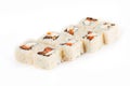 Sushi Roll - Maki Sushi with Smoked Eel, Salmon, Sesame, Avocado and Cream Cheese isolated on white background Royalty Free Stock Photo