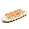 Sushi roll Philadelphia with cucumber on a white plate, classic Japanese sushi.