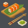 Sushi roll Philadelphia with wasabi, cream cheese, chopsticks, wood board.