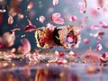 A sushi roll with pink petals falling on it