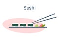 Sushi roll on the plate with wasabi and black chopstick