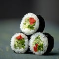 Sushi roll. Pyramid of three sushi. Rolls with rise in nori on gray blurred background. Healthy Japanese food. Oriental