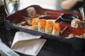 Sushi roll with red caviar plate - restaurant decoration Royalty Free Stock Photo