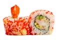 Sushi roll with red caviar and tempura isolated on white background Royalty Free Stock Photo