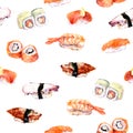 Sushi, roll repeat seamless food pattern. Watercolor