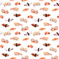 Sushi, roll repeated pattern. Watercolor sea food Royalty Free Stock Photo