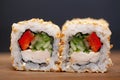 Sushi roll with salmon, cheese and cucumb Royalty Free Stock Photo