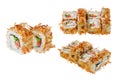 Sushi roll with salmon, cheese, green onions and tuna shavings. Isolated on white background Royalty Free Stock Photo