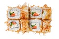 Sushi roll with salmon, cheese, green onions and tuna shavings. Isolated on white background Royalty Free Stock Photo