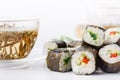 Sushi Roll with salmon, eel, tuna, avocado, cream cheese Philadelphia, caviar tobica, chuka. Sushi menu. Japanese food on table Royalty Free Stock Photo