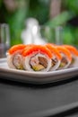 Sushi roll with salmon, shrimp, avocado and cream cheese on a plate close-up