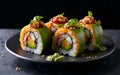 Sushi roll with salmon, smoked eel, avocado, cream cheese on a black background. Sushi menu. Japanese food. Royalty Free Stock Photo