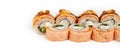 Sushi Roll with salmon tataki and blanched spinach on white plate, ingredients Salmon, shrimp, blanched spinach, cream cheese, Royalty Free Stock Photo