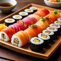 Sushi roll with salmon, tuna, avocado, cucumber and cream cheese. Sushi menu Royalty Free Stock Photo