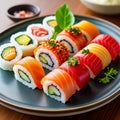 Sushi roll with salmon, tuna, avocado, cucumber and cream cheese. Sushi menu Royalty Free Stock Photo