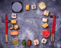 Sushi and roll set on black table Royalty Free Stock Photo