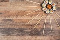 Sushi roll set with chopsticks. Japan sun concept. Royalty Free Stock Photo