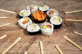 Sushi roll set with chopsticks. Japan sun concept. Royalty Free Stock Photo