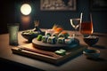 Sushi roll set in restaurant, Japanese maki food on served table, generative AI