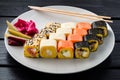 Sushi roll set in restaurant served in white plate Japan cuisine Royalty Free Stock Photo