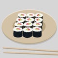 Sushi roll set on the round plate. Illustration. Royalty Free Stock Photo