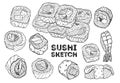 Sushi roll sketch set. Hand drawing Japanese cuisine. All elements are isolated in white background