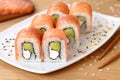 Sushi roll with smoked salmon, avocado, soft