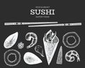 Sushi roll temaki hand drawn vector illustration on chalk board. Japanese cuisine elements retro style. Asian food bento set