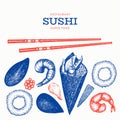 Sushi roll temaki hand drawn vector illustration. Japanese cuisine elements retro style. Asian food bento set background Royalty Free Stock Photo
