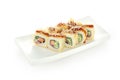 Sushi roll tempura on white background isolated Yin Yang tuna salmon unagi