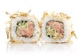 Sushi roll with tuna shavings isolated Royalty Free Stock Photo