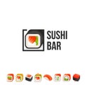 Sushi and roll vector logo template. Japanese oriental kitchen delicacy logotype. Minimal menu design, black border.