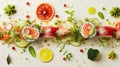 A sushi roll with vegetables and fruit on a white table, AI Royalty Free Stock Photo