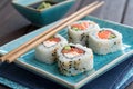 Sushi Rolls Appetizer on Blue Plate with Chopsticks Royalty Free Stock Photo