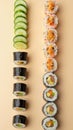 Sushi Rolls Arranged in a Vertical Gradient Transitioning from Light Cucumber Rolls to Dark Eel Rolls Royalty Free Stock Photo