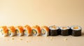 Sushi Rolls Arranged in a Vertical Gradient Transitioning from Light Cucumber Rolls to Dark Eel Rolls Royalty Free Stock Photo