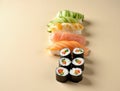 Sushi Rolls Arranged in a Vertical Gradient Transitioning from Light Cucumber Rolls to Dark Eel Rolls Royalty Free Stock Photo