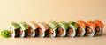Sushi Rolls Arranged in a Vertical Gradient Transitioning from Light Cucumber Rolls to Dark Eel Rolls Royalty Free Stock Photo
