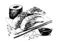 Sushi rolls asian food hand drawn engraving sketch Restaurant business concept Royalty Free Stock Photo