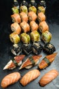 Sushi rolls assortment oriental food craft bar Royalty Free Stock Photo