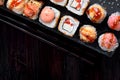 Sushi rolls assortment served on slate plate Royalty Free Stock Photo