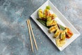 Sushi rolls with avocado and cream cheese, vegetarian sushi roll, sushi menu, restaurant. Seafood, asian food
